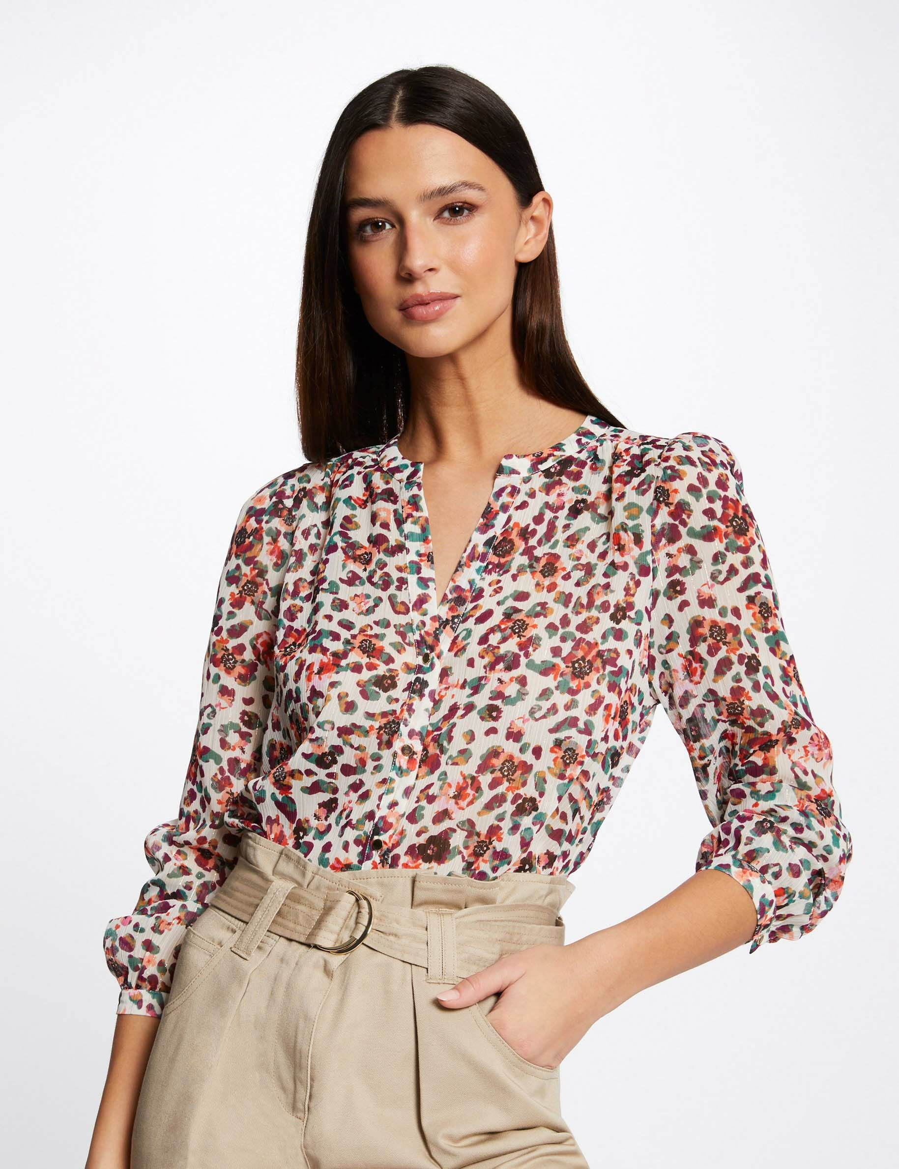 Chemise manches longues imprimé floral ecru femme - ecru