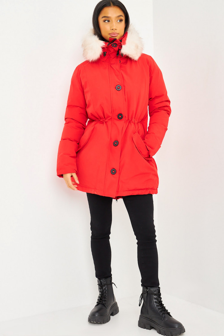 Parka rouge mi-longue à capuche fourrure blanche