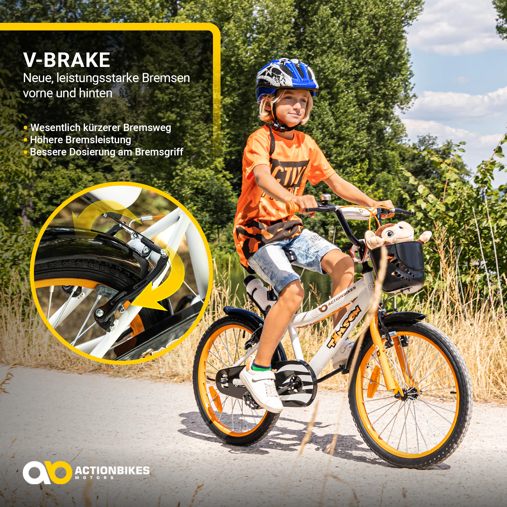 Actionbikes Kinderfahrrad Timson 20 Zoll, V-Brake-Bremsen, höhenverstellbar, Fahrradständer, Korb