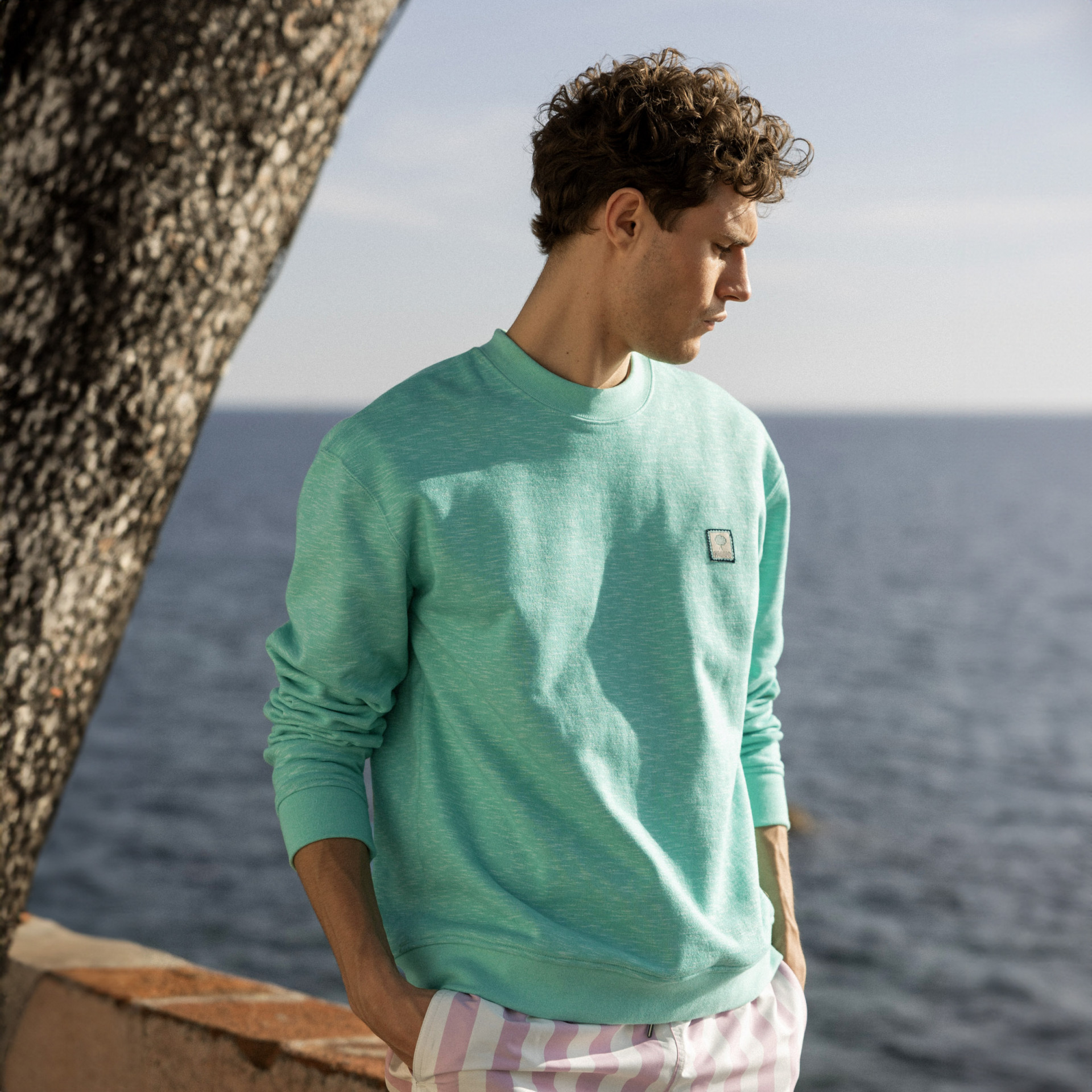 Sweat vert menthe Etiquette tissée arbre rétro coton et polyester recyclé - modèle fango