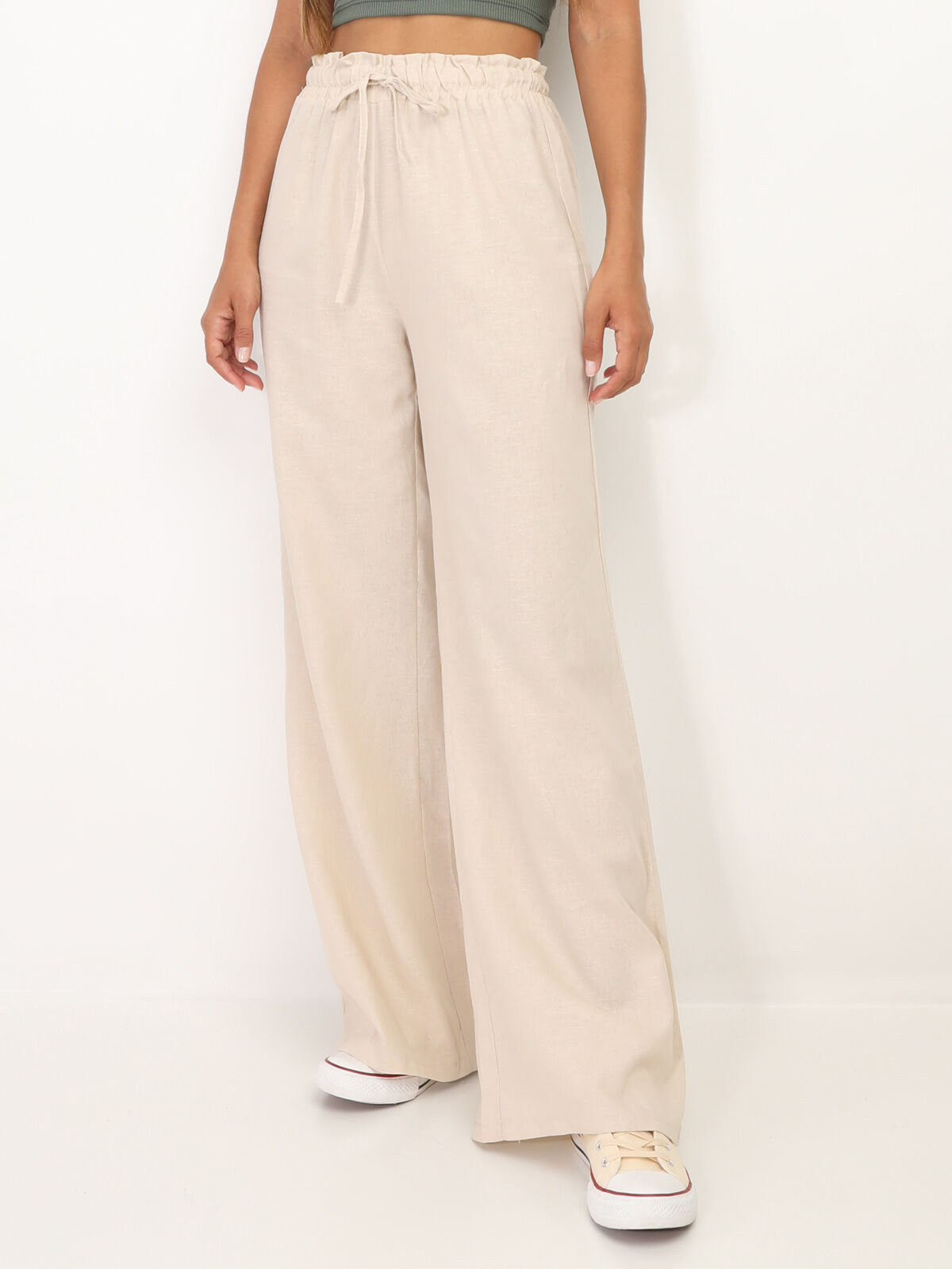 Pantalon en lin large à liens- Beige