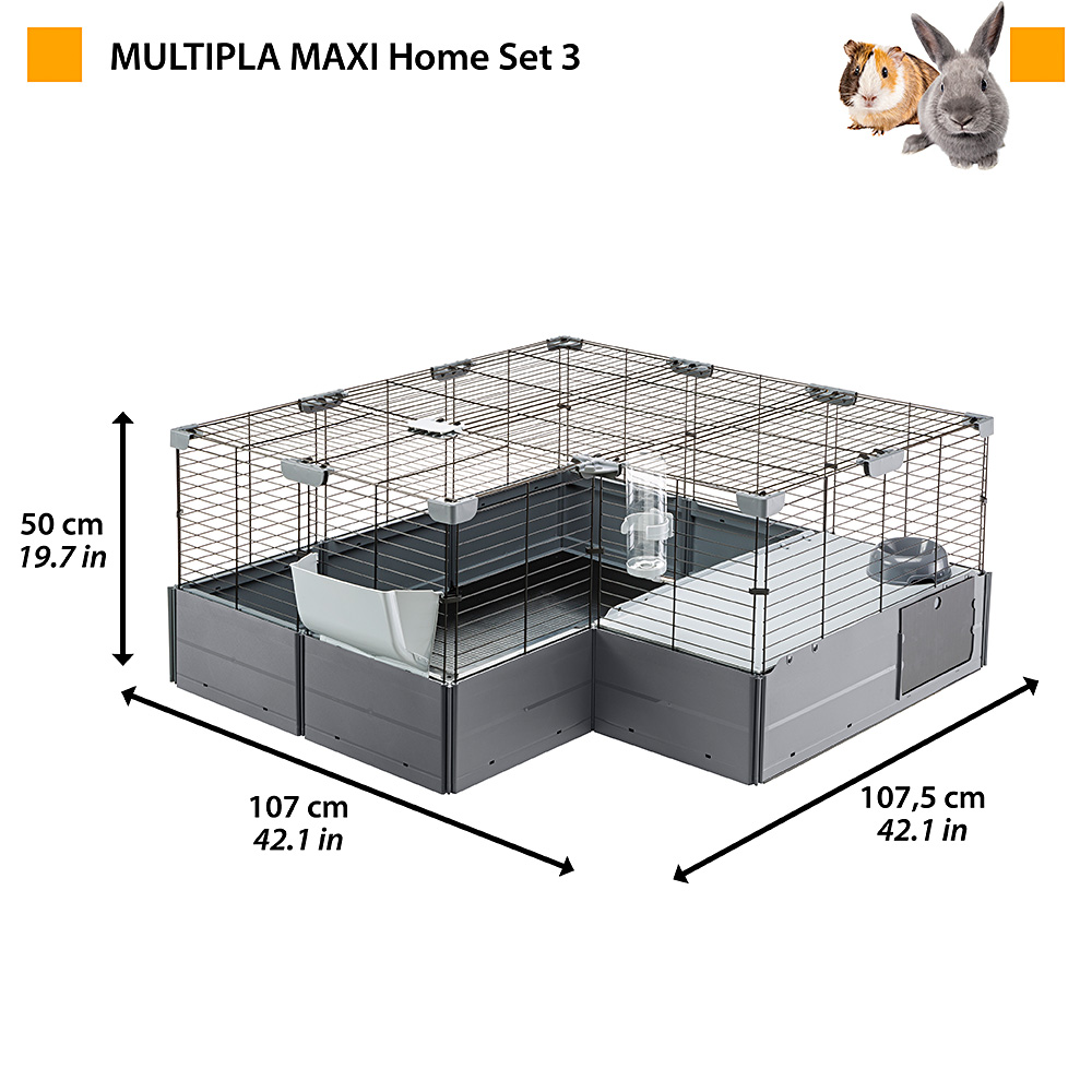 Cage modulable pour lapins cochons d'inde multipla maxi, en grillage métallique et plastique recyclé, avec accessoires