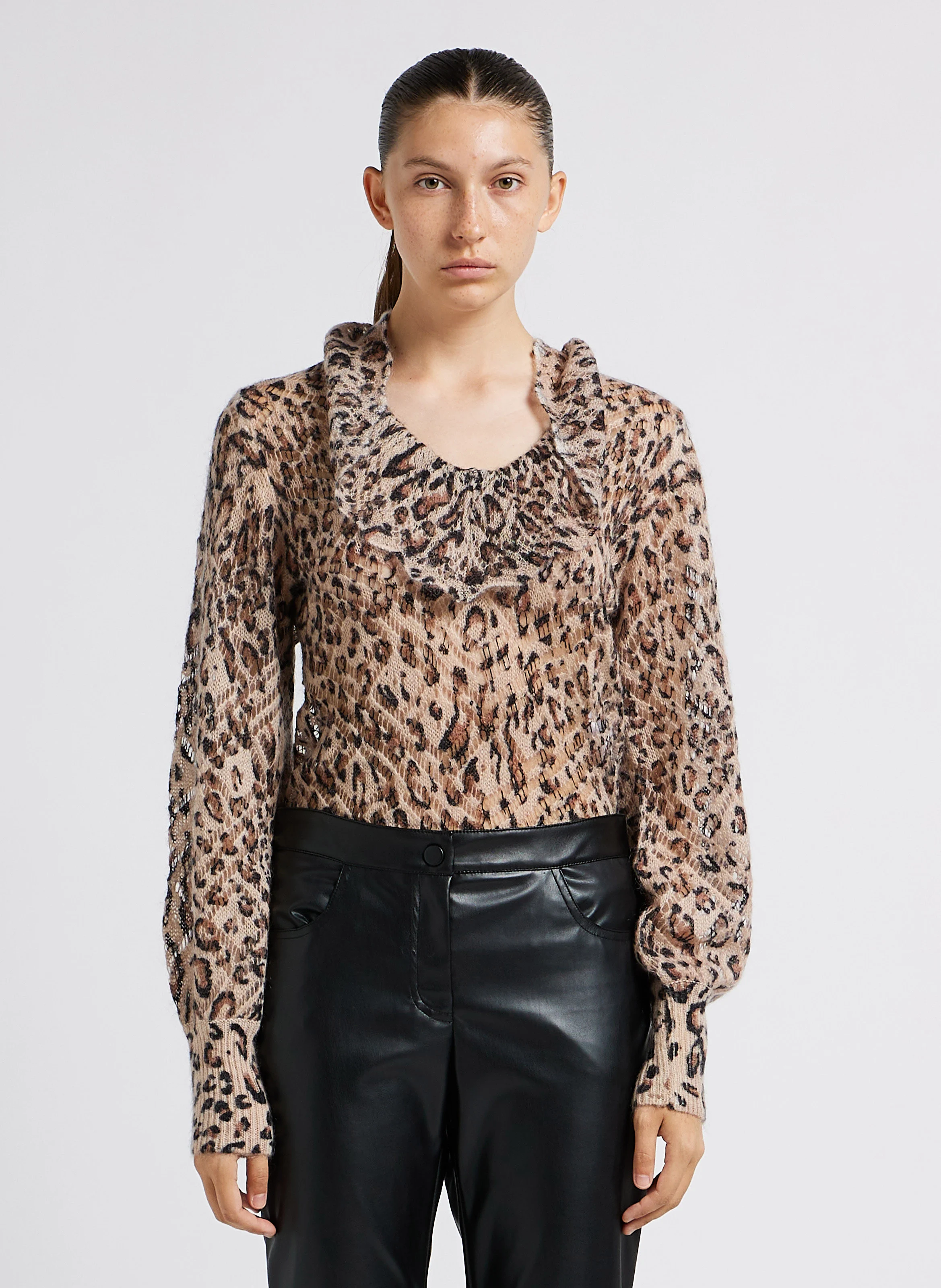Pull col rond imprimé léopard| Marron
