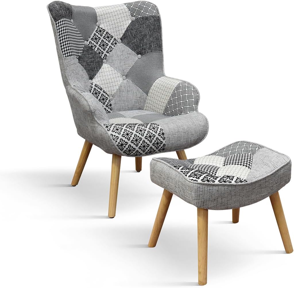 PAZZO DESIGN Ludovica Sessel, 1er Set, Mehrfarbig, Stoffsessel, Relaxsessel, Lesesessel, bequemer Sessel, Holzbeine, mit Fußstütze - id_2029