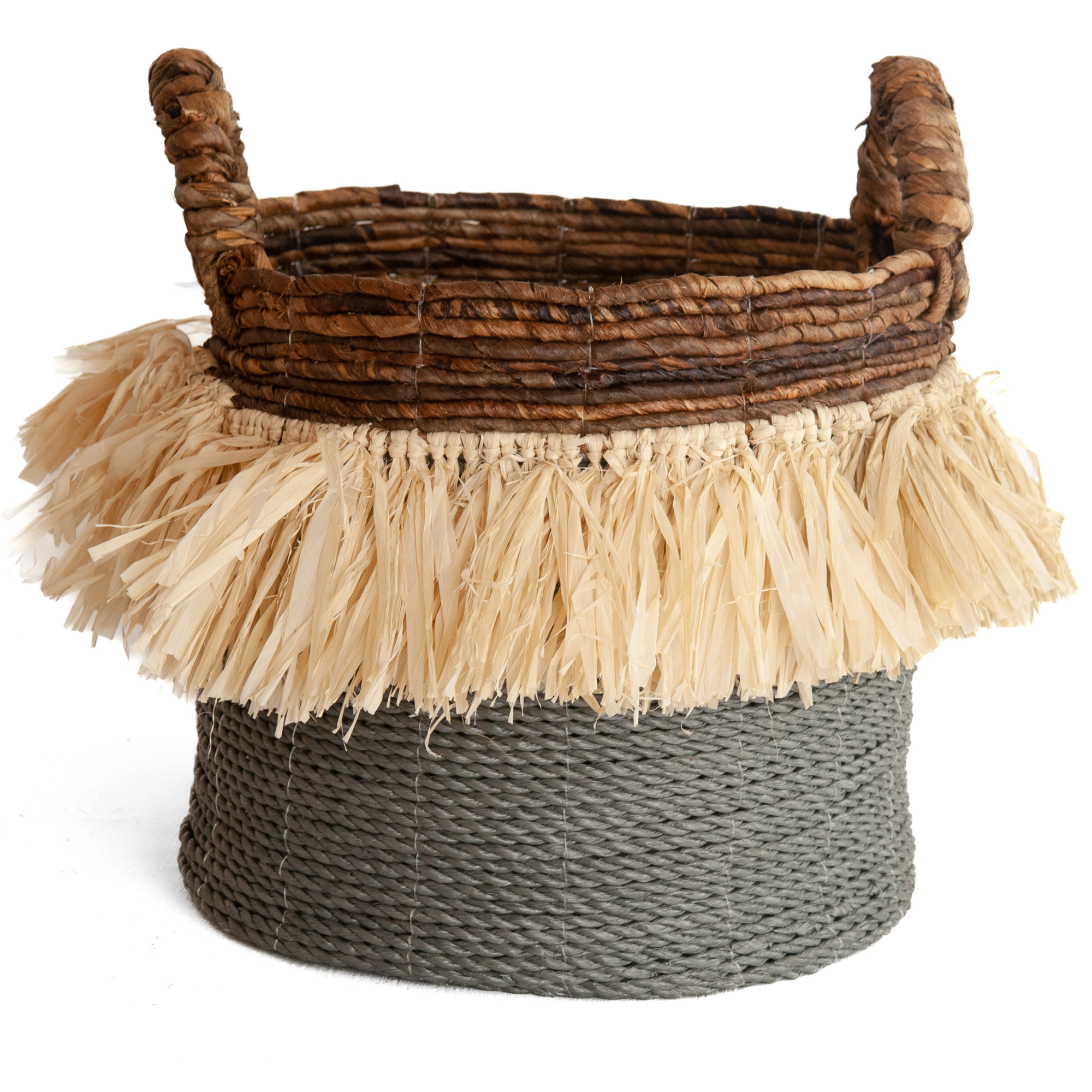 Gevlochten mand natural/grijs, zeegras en raffia L