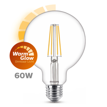 Philips LED globe E27 60W filament helder warmglow dimbaar