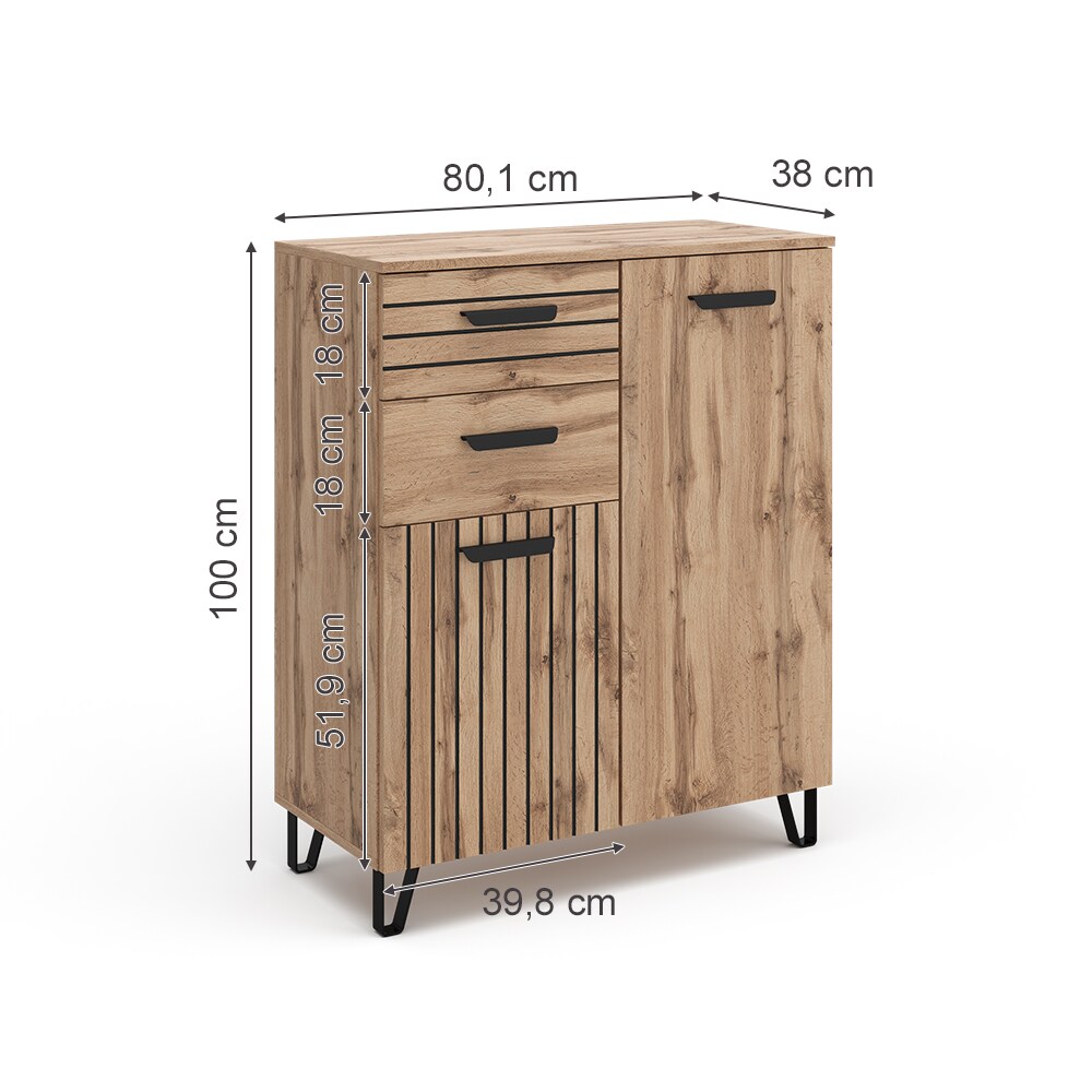 Vicco Kommode Mehrzweckschrank Universalschrank Amber Eiche 80x100 cm modern Wohnzimmer Schrank Flurschrank Schlafzimmerschrank Ablage Schrankschublade Schranktür Schrankfach Aufbewahrung