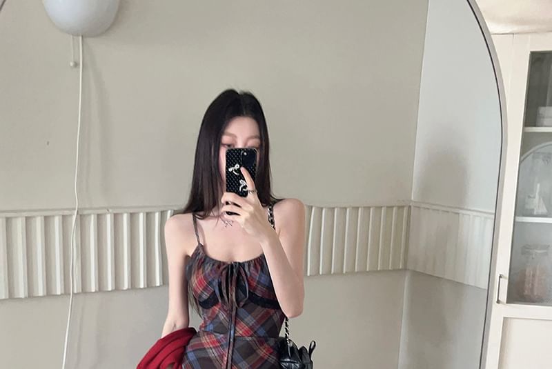 Beem - Spaghettibandjes, ronde hals, geruite mesh maxi-bodyconjurk met kant