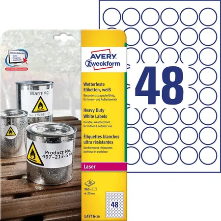 Avery Zweckform L4716-20 Wetterfeste Folien-Etiketten, Ø 30 mm, 20 Bogen/960 Etiketten, weiß