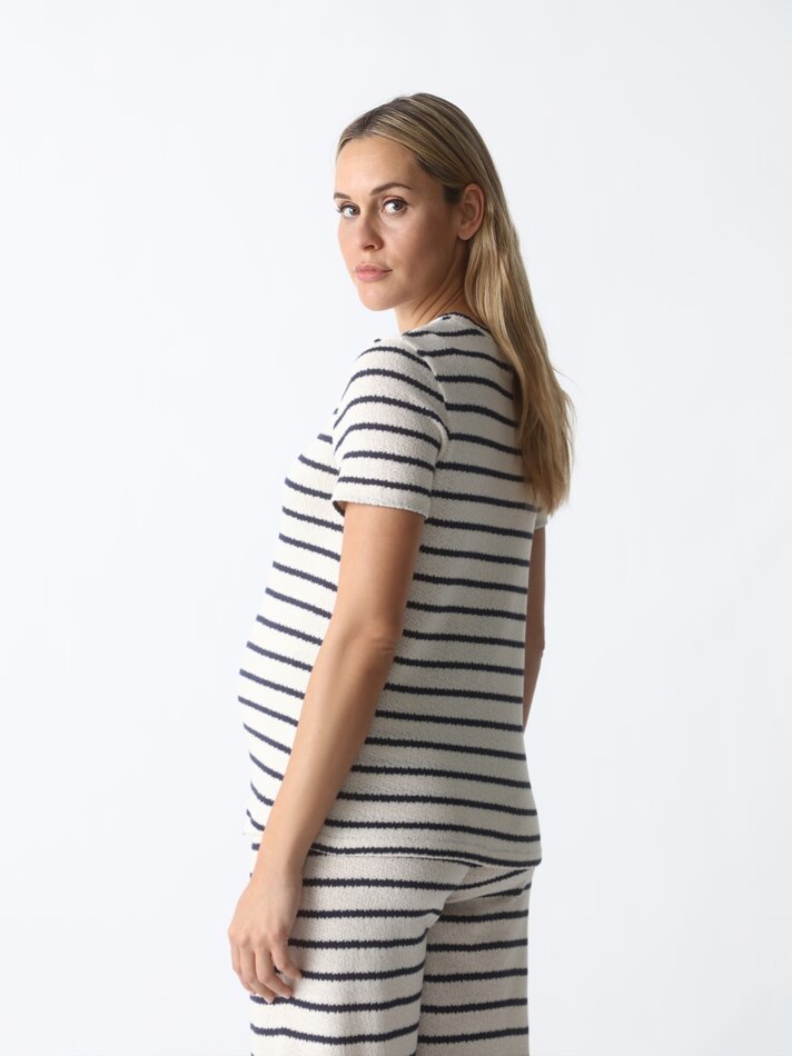 Camiseta de maternidade cropped em tricô - Branco/Azul Marinho