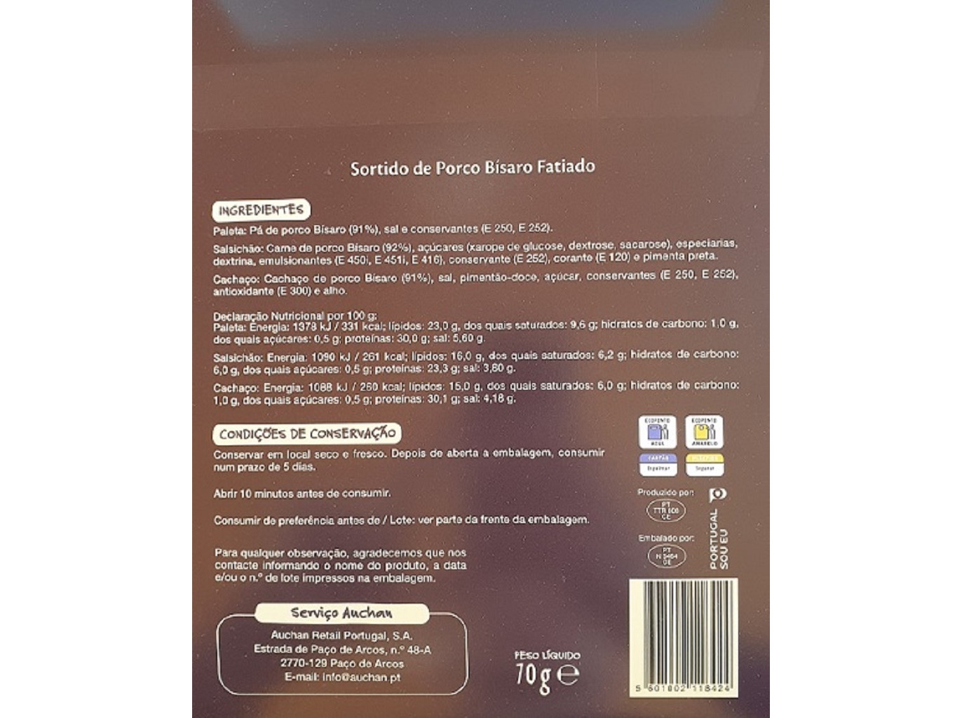 SORTIDO PORCO BISARO AUCHAN À MESA EM PORTUGAL CULTIVAMOS O BOM FATIAS 70G