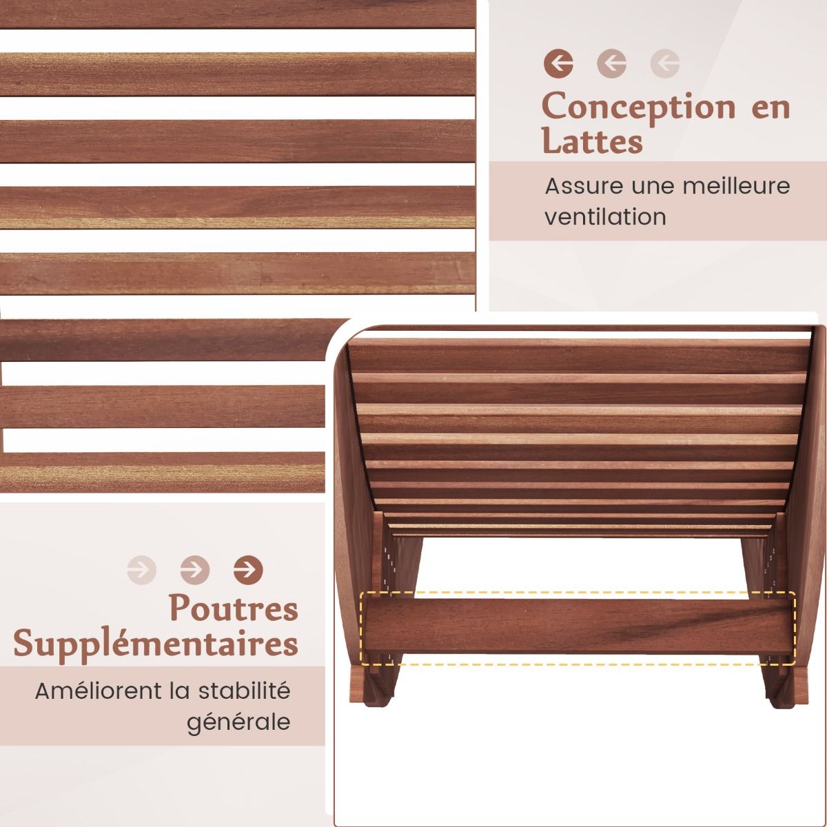 Lot de 2 Chaises Longue à Bascule en Bois d'Acacia Conception à Lattes Butées de Fond Charge Max 160KG Transat Ergonomique Naturel - Lidl-Manfred