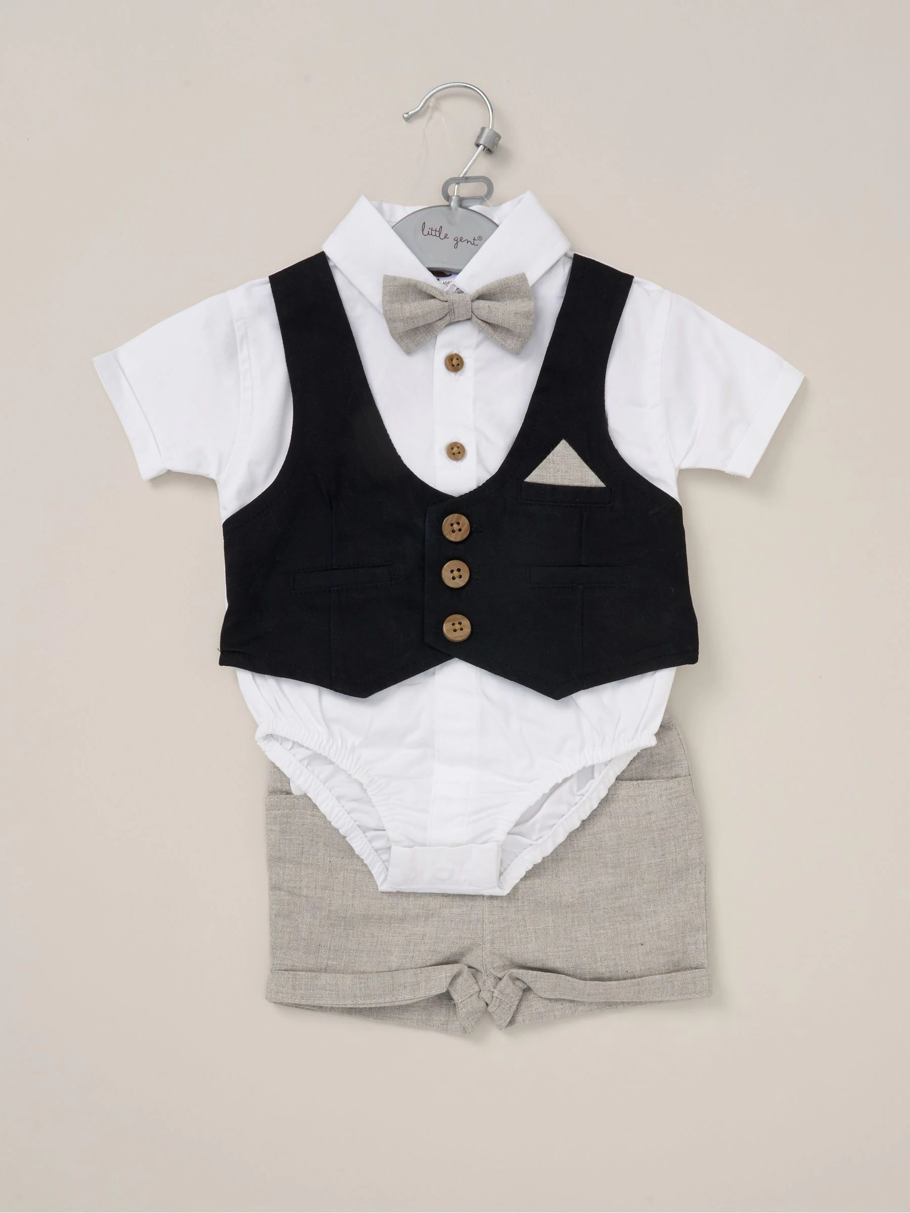 Zwart - Little Gent 100% Cotton Bodysuit Shirt with Mock Waistcoat Shorts and Bowtie Outfit Set