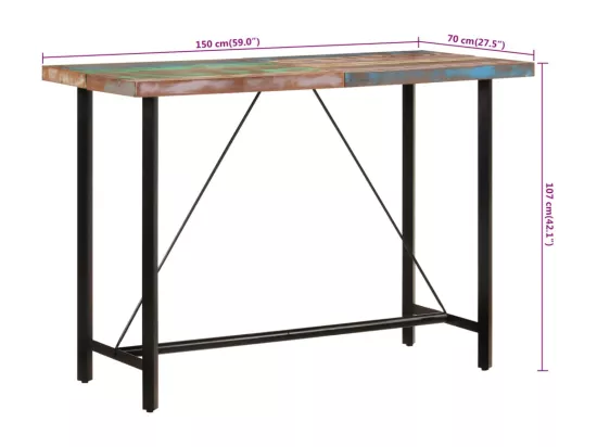 Table de bar 150x70x107 cm bois massif de récupération et fer