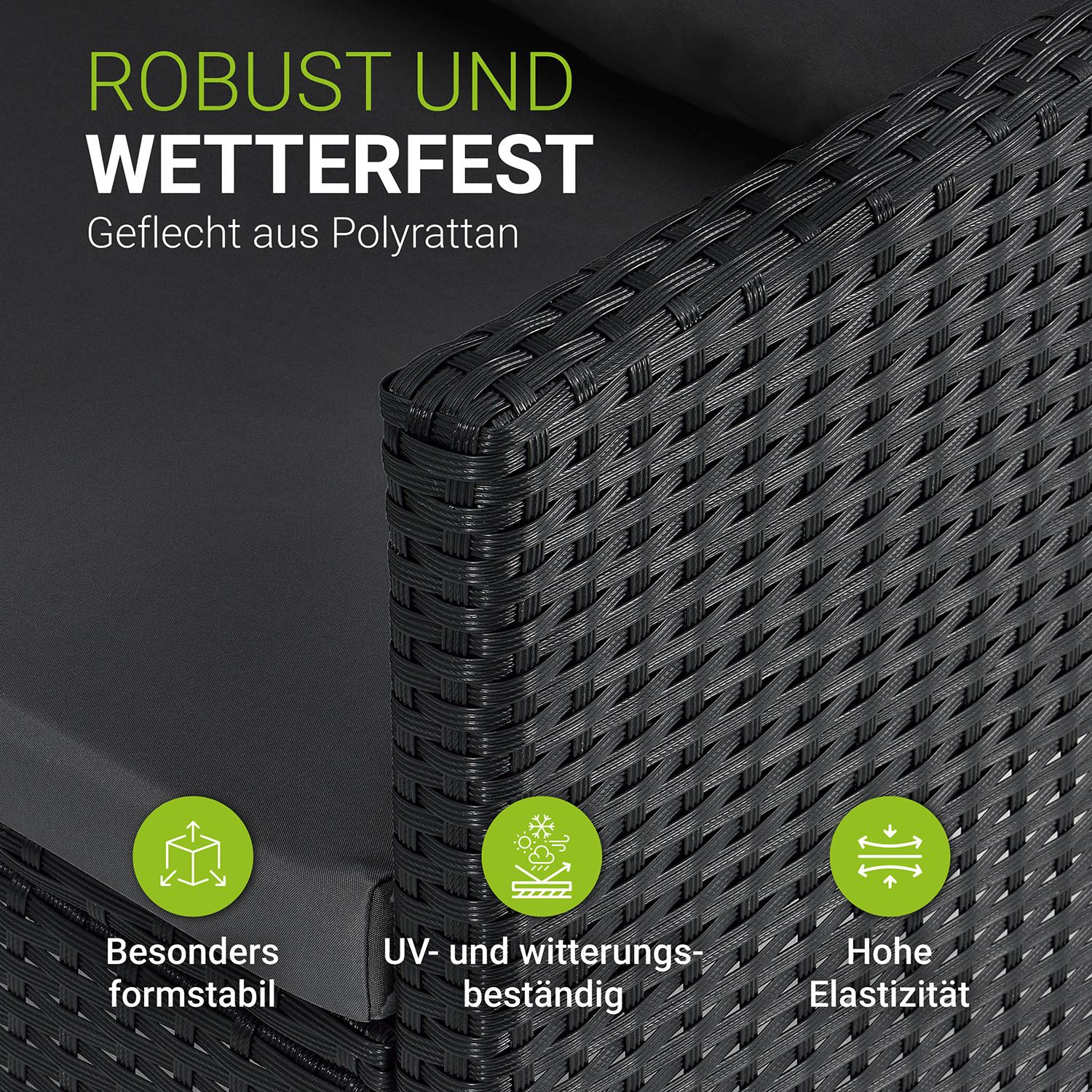 Juskys Gartenlounge Manacor schwarz - Sofa, Tisch, Hocker & Kissen - 7 Personen - Sitzbezüge in Grau