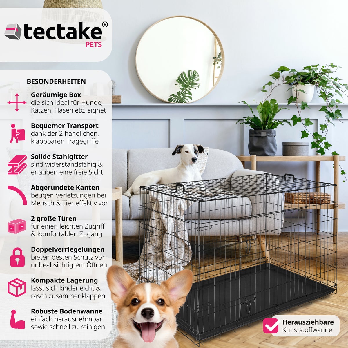 tectake Luna opvouwbare hondenbench/krat met 2 draaggrepen en afgeronde hoeken