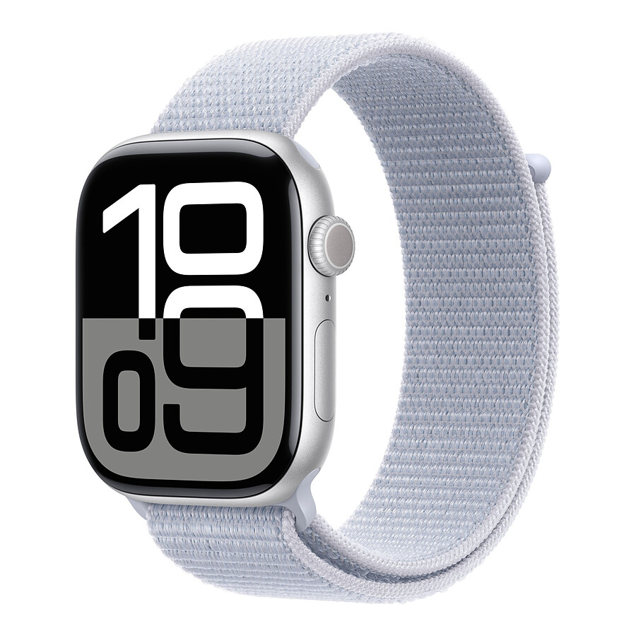 Apple Watch Series 10 GPS + Cellular - Aluminium Argent - Bracelet Sport Textile Nuée Bleue - 46 mm