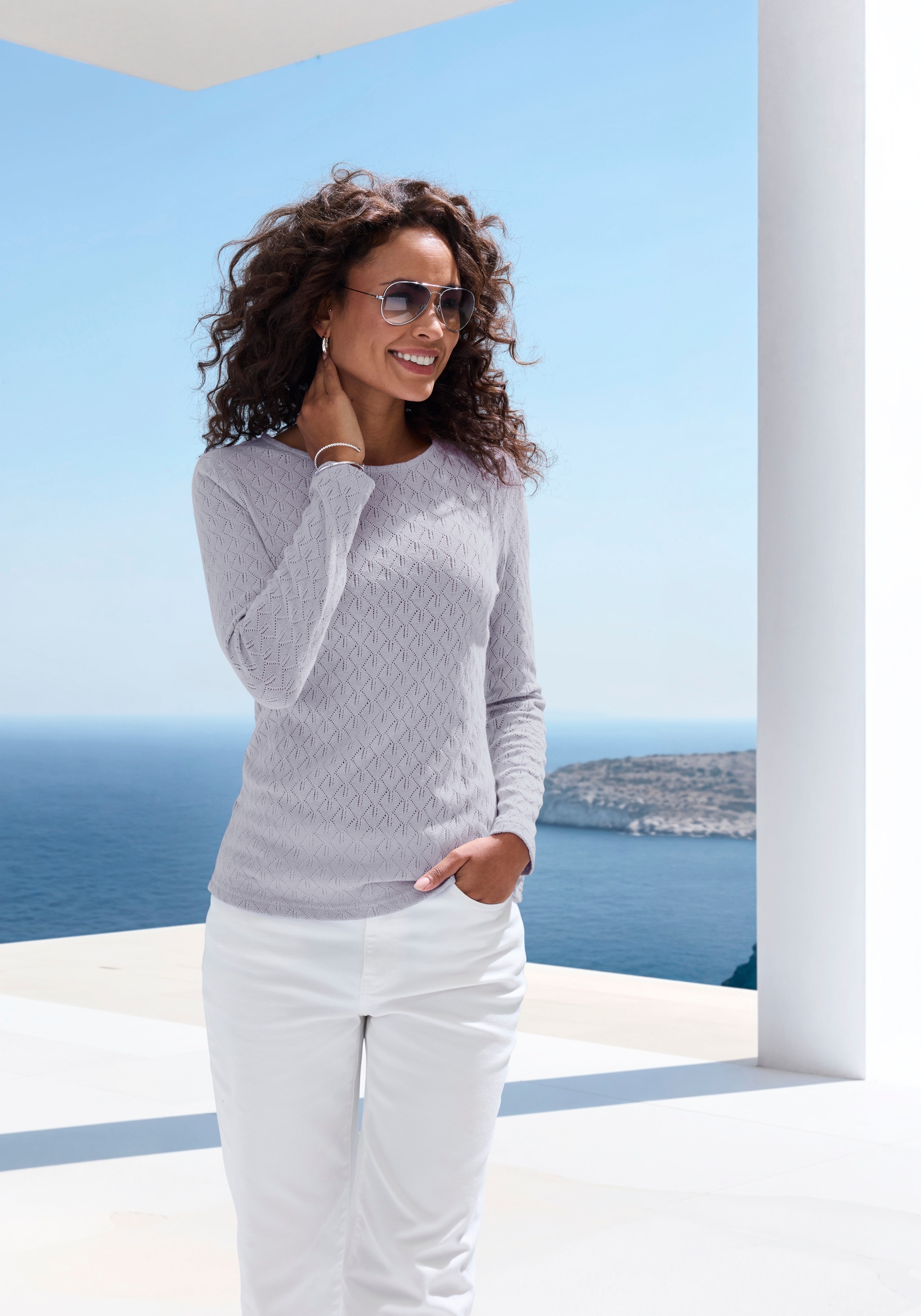 Vivance Langarmshirt »mit modischem Ajour-Muster« aus weichem Baumwollstrick