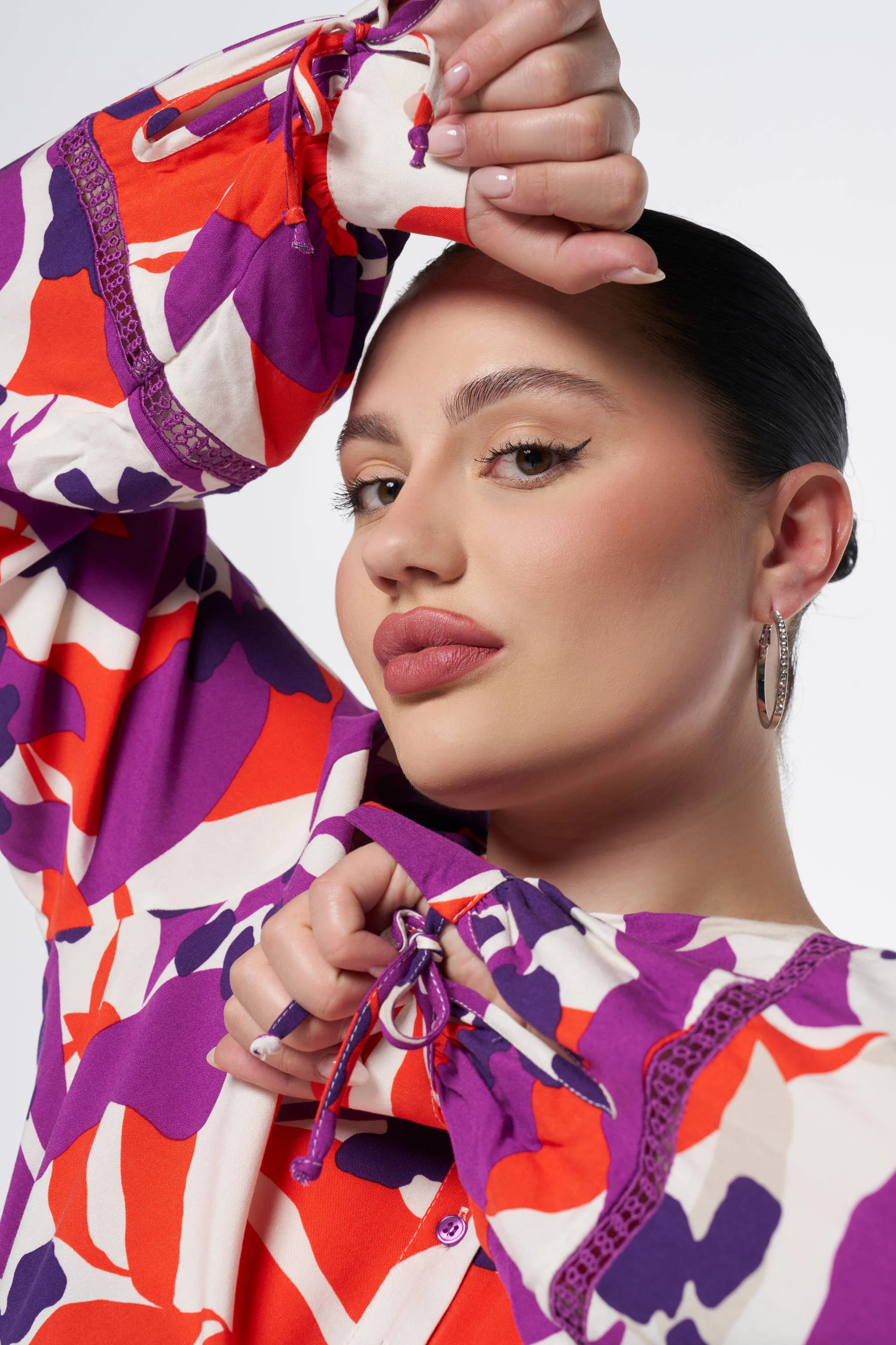MS Mode blouse met bladprint paars/wit/oranje
