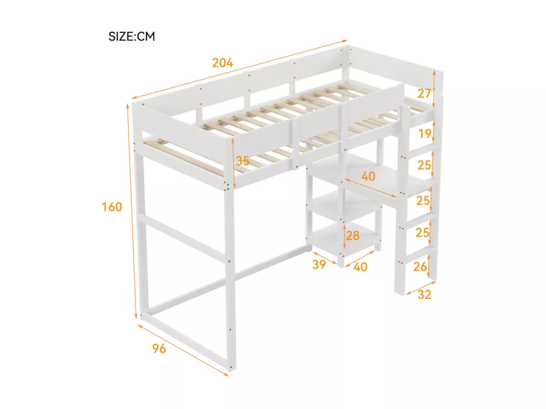 Lit mezzanine enfant 90 x 200 cm, avec étagère de rangement, cadre de lit en pin massif, sommier à lattes, lit pour enfants et adolescents, Blanc