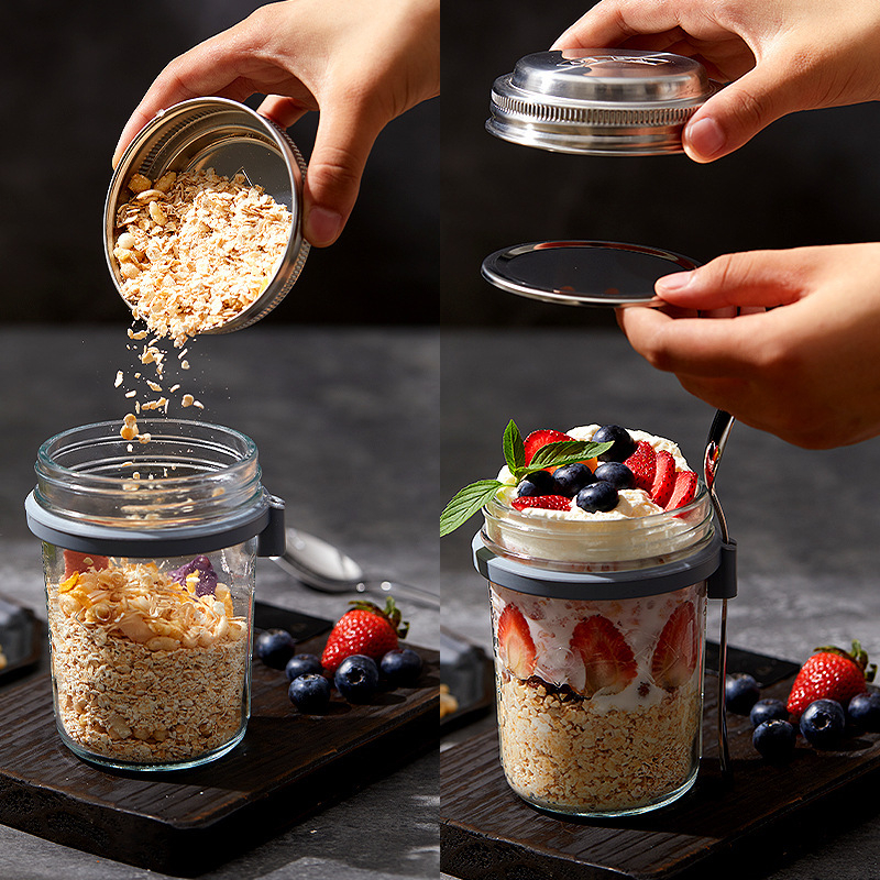 (2er Set) 350ml Frühstücks Glas Essens Behälter Lunch Pot inkl. Löffel für Müsli / Joghurt / Porridge