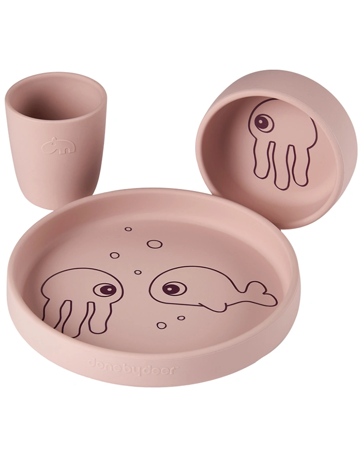 Silikon-Geschirrset SEA FRIENDS 3-teilig in rosa