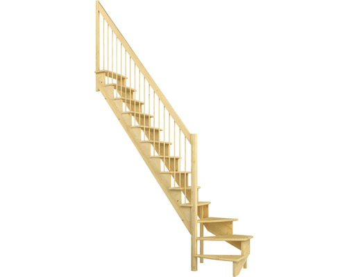 Pertura ruimtebesparende trap Filia, grenen gelamineerd hout, zonder stootborden, onbehandeld, kwartslag, linksonder, 75 cm, 12 treden / 13 stootborden, balustrade