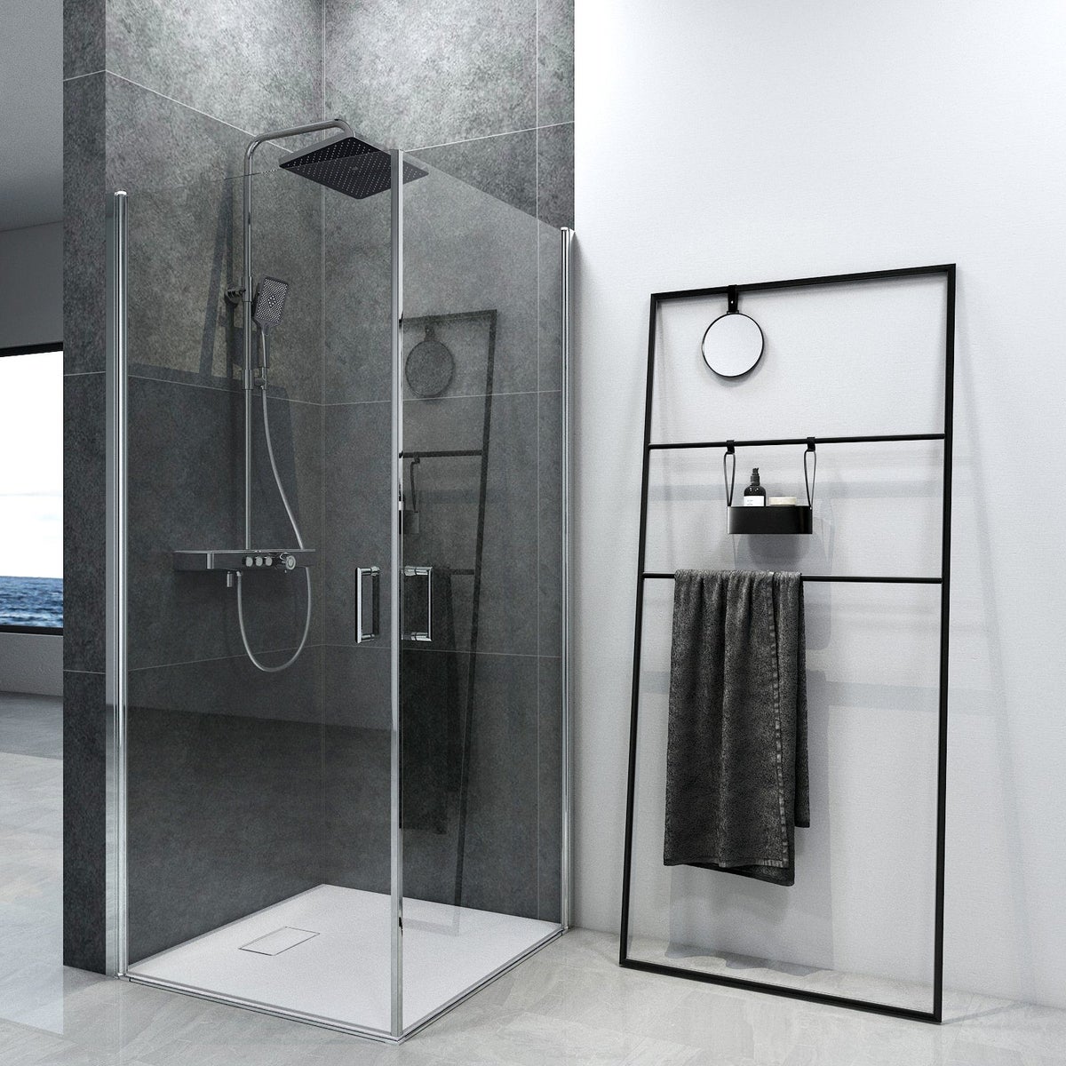 EMKE Hoekdouchecabine, hoekinstap, scharnierdeur, 800 mm x 900 mm, douchewand met draaideur, 195 cm