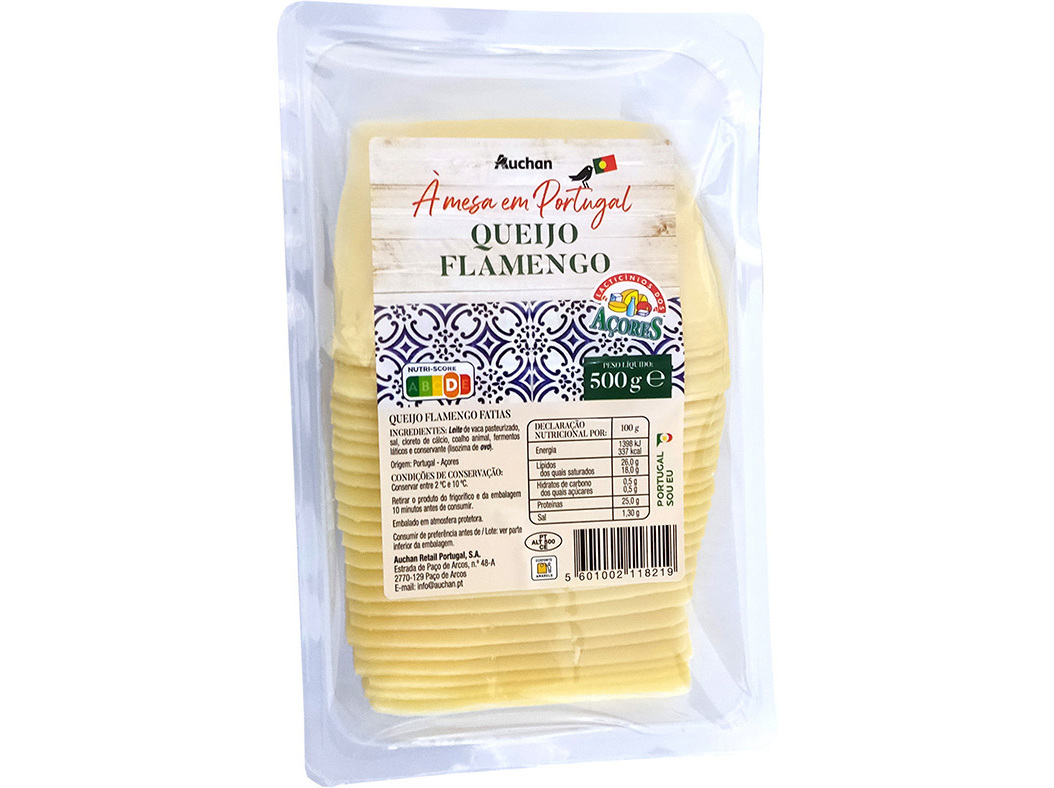 QUEIJO FLAMENGO AUCHAN À MESA EM PORTUGAL AÇORES FATIAS 500G