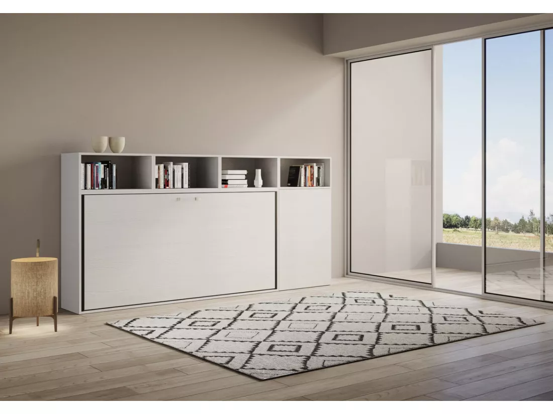 Lit escamotable horizontal blanc Bounto 85x185 avec rangement composition A-1 matelas 85x185