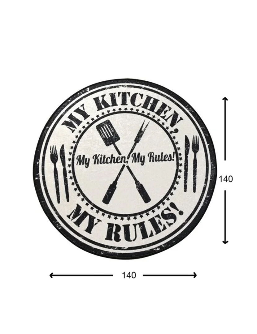 My Kitchen My Rules Round Rug 140cm White and Black