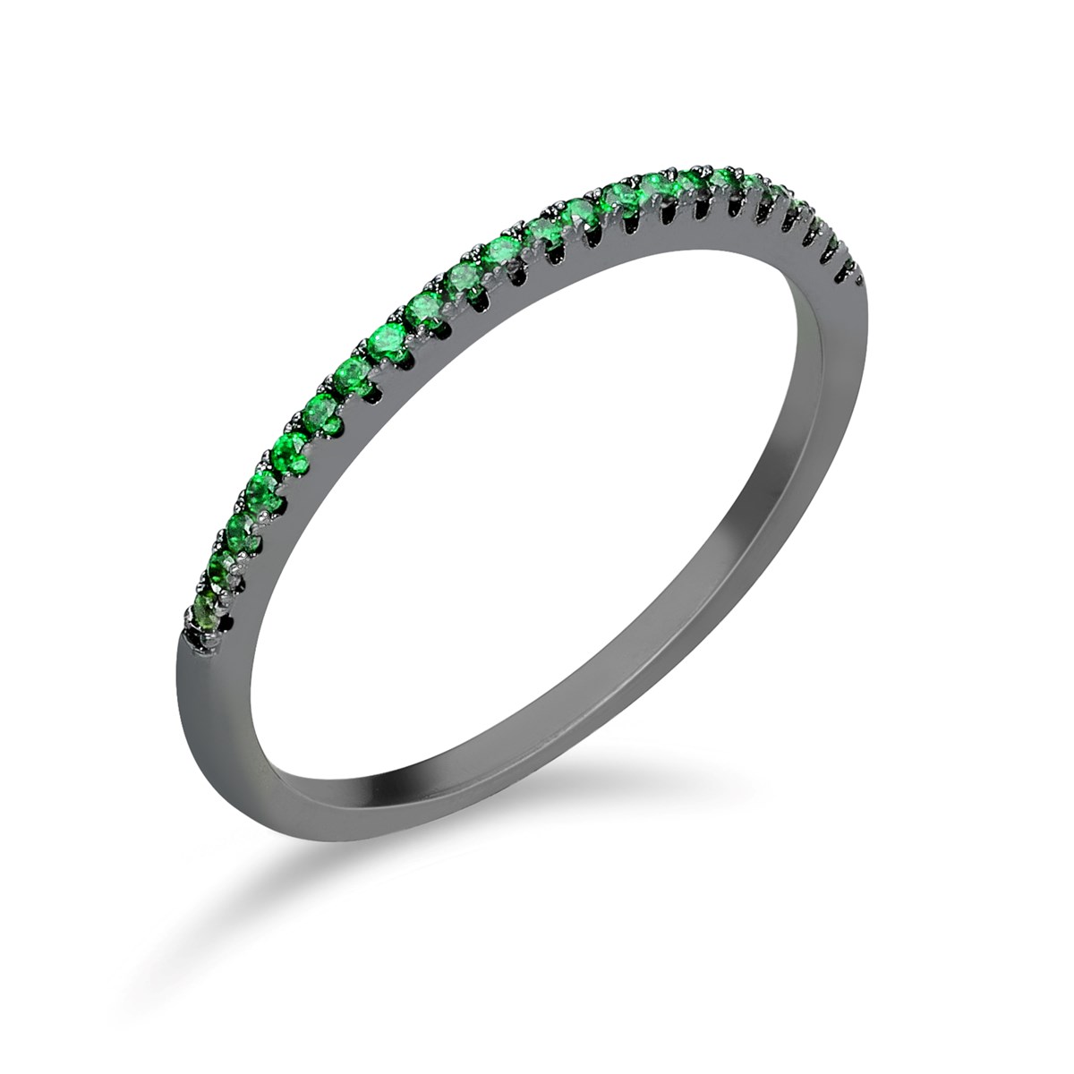 Bague Argent Anneau Scintillant Noir Pierre Verte
