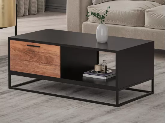 Table basse avec 1 tiroir et 1 niche en bois d'acacia et métal - Naturel foncé et noir - ALYONA