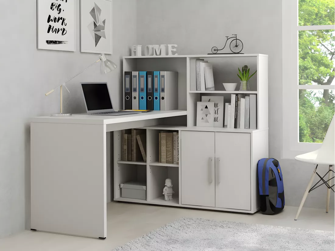 Bureau d'angle LEON avec rangements et étagères - Blanc