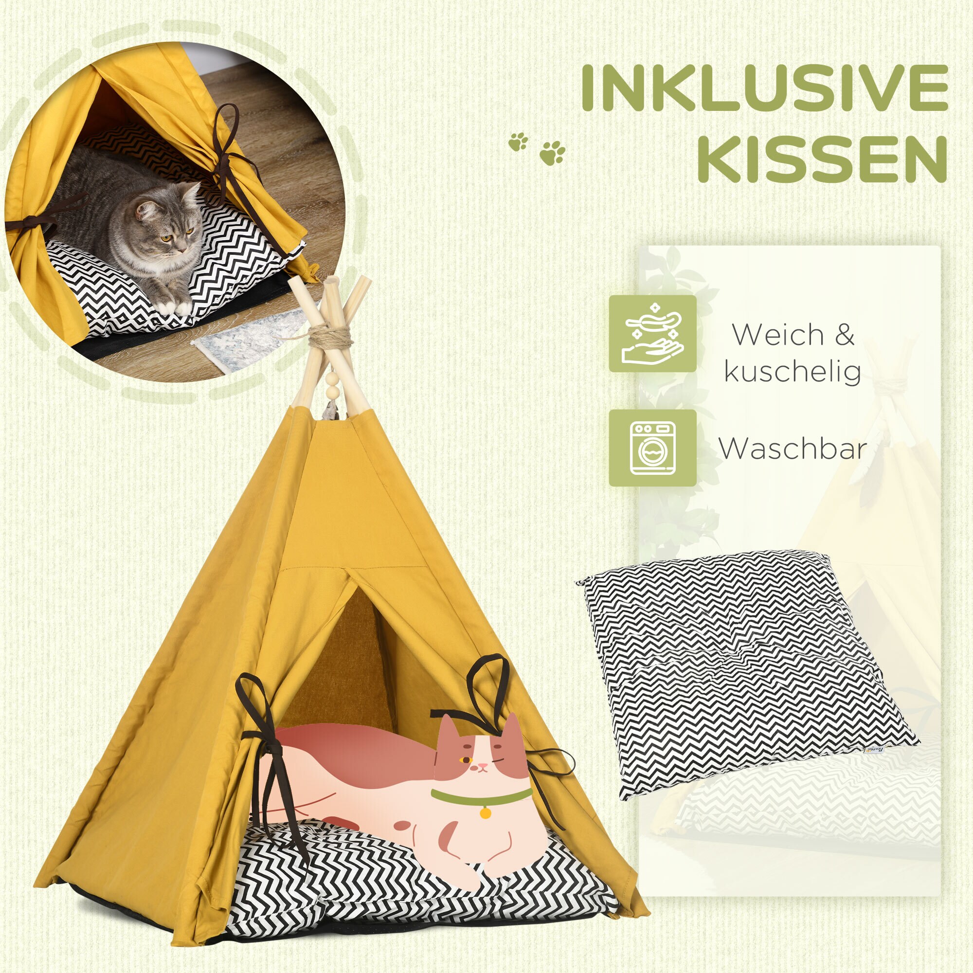 PawHut Katzenzelt mit Kissen gelb 60L x 60B x 76H cm