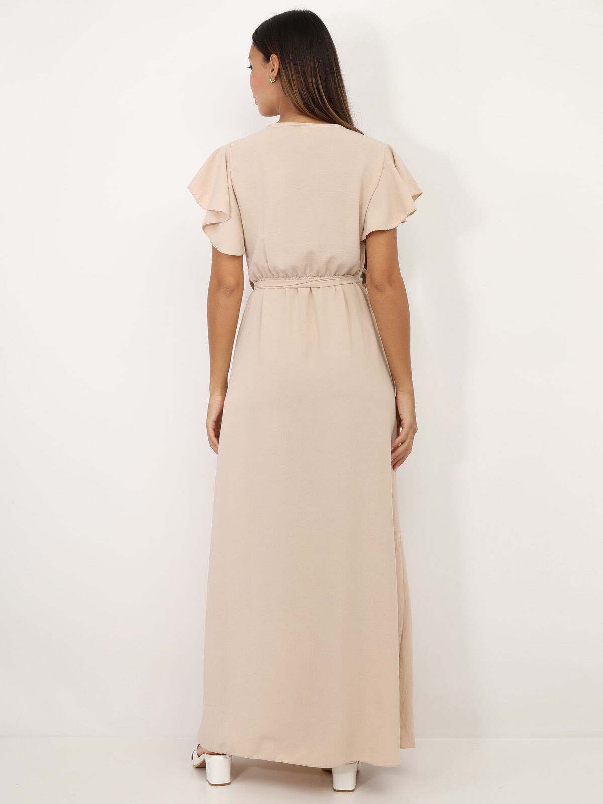 Robe longue fendue à col cache coeur- Beige