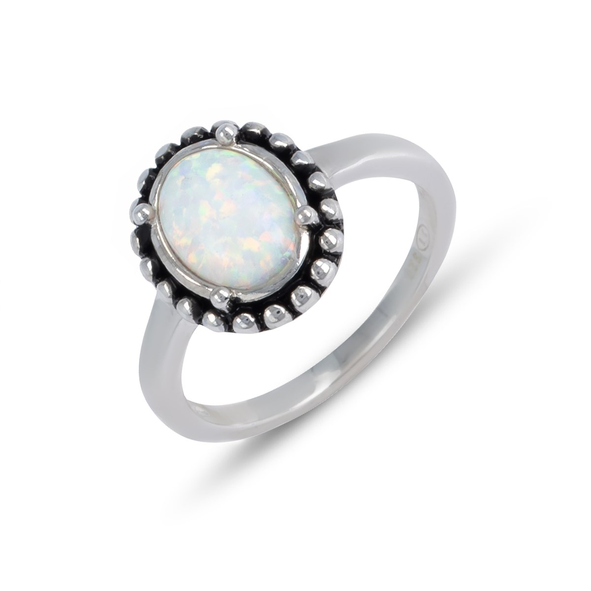 Bague argent rhodié opale blanche imitation forme ovale