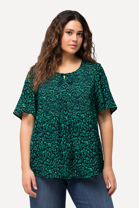 Smok-Bluse, Leomuster, A-Linie, Rundhals, Halbarm