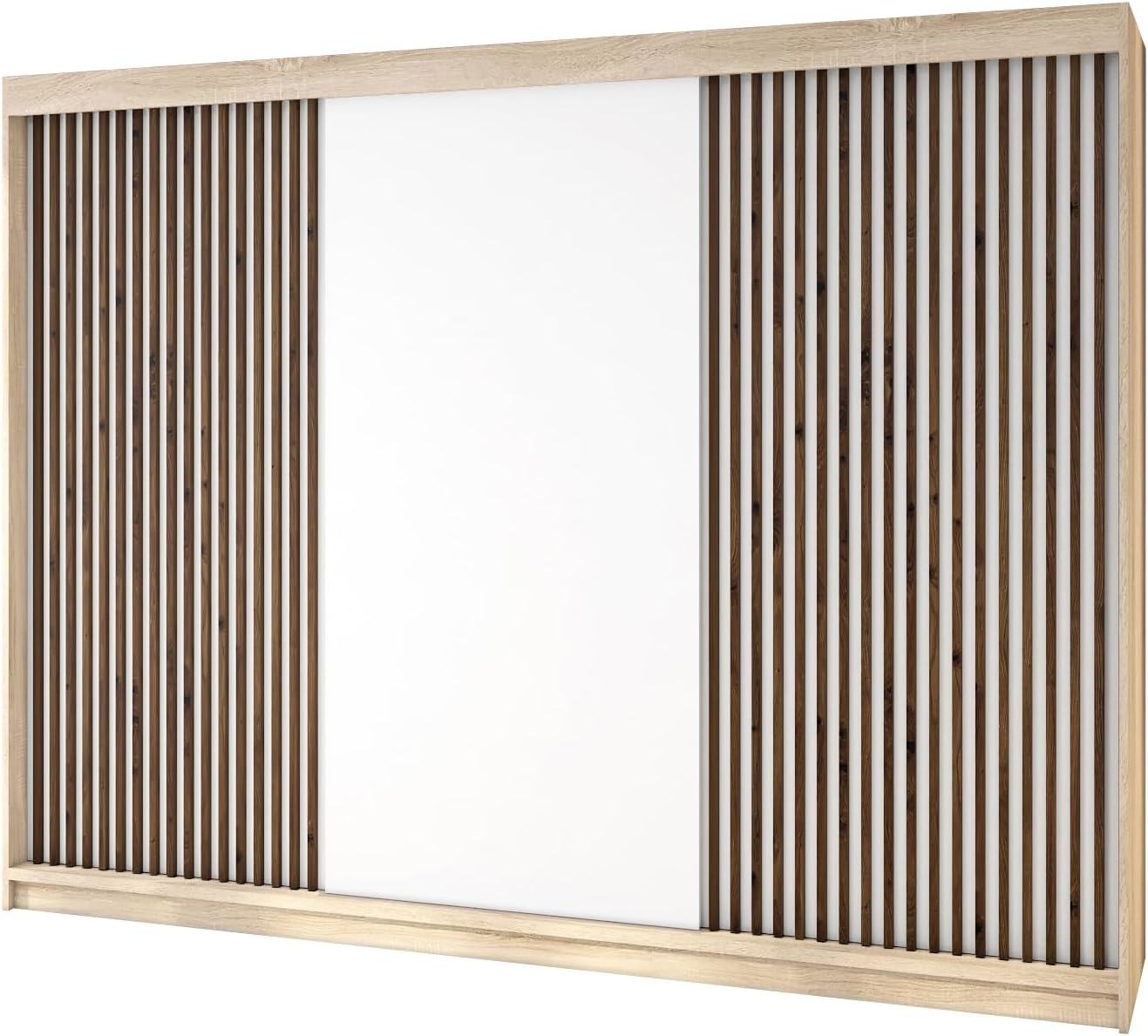 A&J MöbelLand Schwebetürenschrank IOSA Kleiderschrank 3-türig mit 4 Schubladen & 3D Lamellen, Garderobe 200 cm (Sonoma/Weiß/Weiß/Weiß)
