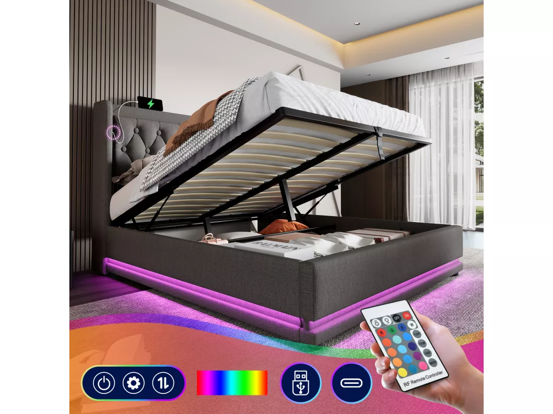 Lit coffre 140 x 200 cm avec tête de lit - Prises USB et Type-C - LEDs - Tissu en coton - Gris (sans matelas)