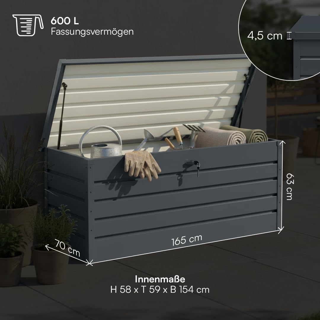 STEELSØN Dorado Gartenbox aus verzinktem Metall 600 Liter – Outdoor Box wasserdicht Anthrazit – Auflagenbox abschließbar mit klappbarem Deckel – Aufbewahrungsbox Garten/Balkon/Terrasse 165x70x63 cm