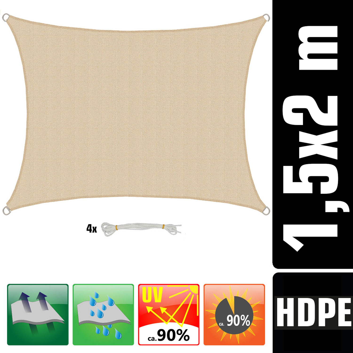 AMANKA 1,5x2m beige HDPE waterdoorlatend schaduwdoek
