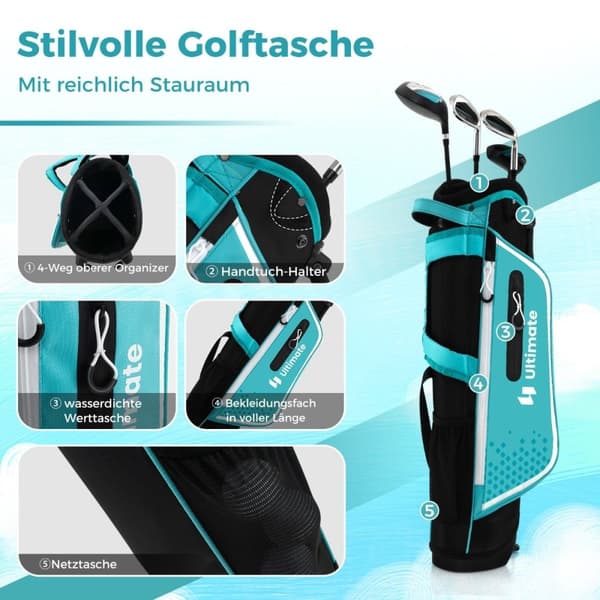 4-delt barnegolfkøllesett med golfbag og regntrekk for barn i alderen 8-10 år blå