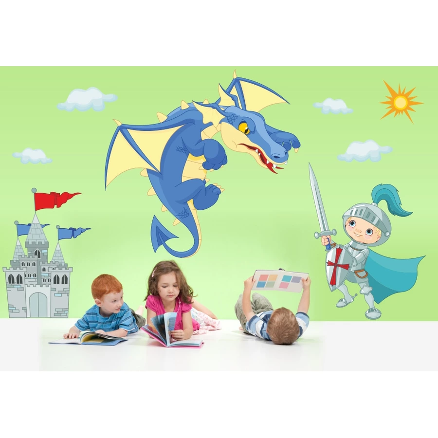 Nikima Wandtattoo 041 Wandtattoo Ritter mit Drache und Burg blau