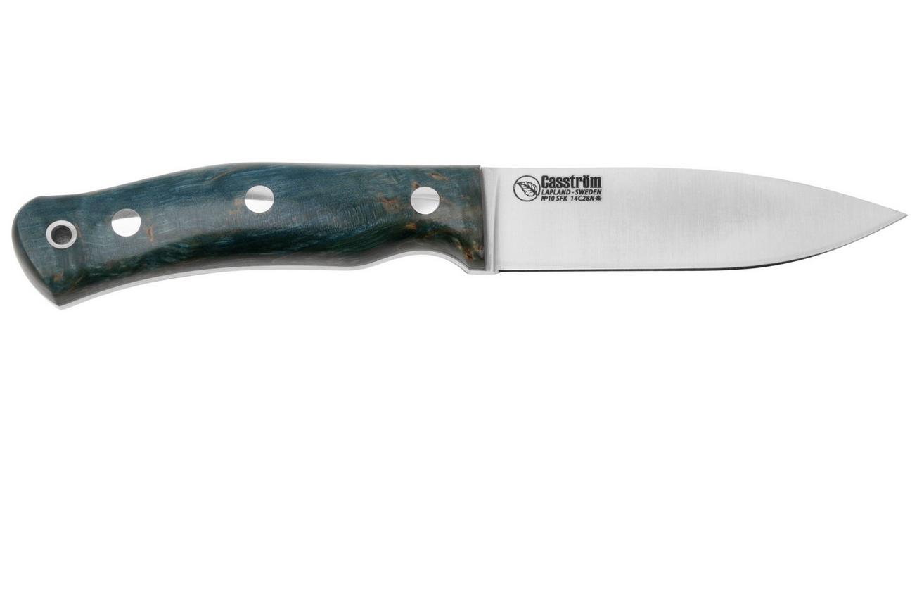 Casström No. 10 Swedish Forest Knife Flat 14119, 14C28N Stabilised Curly Birch Ocean Kydex, bushcraftmes