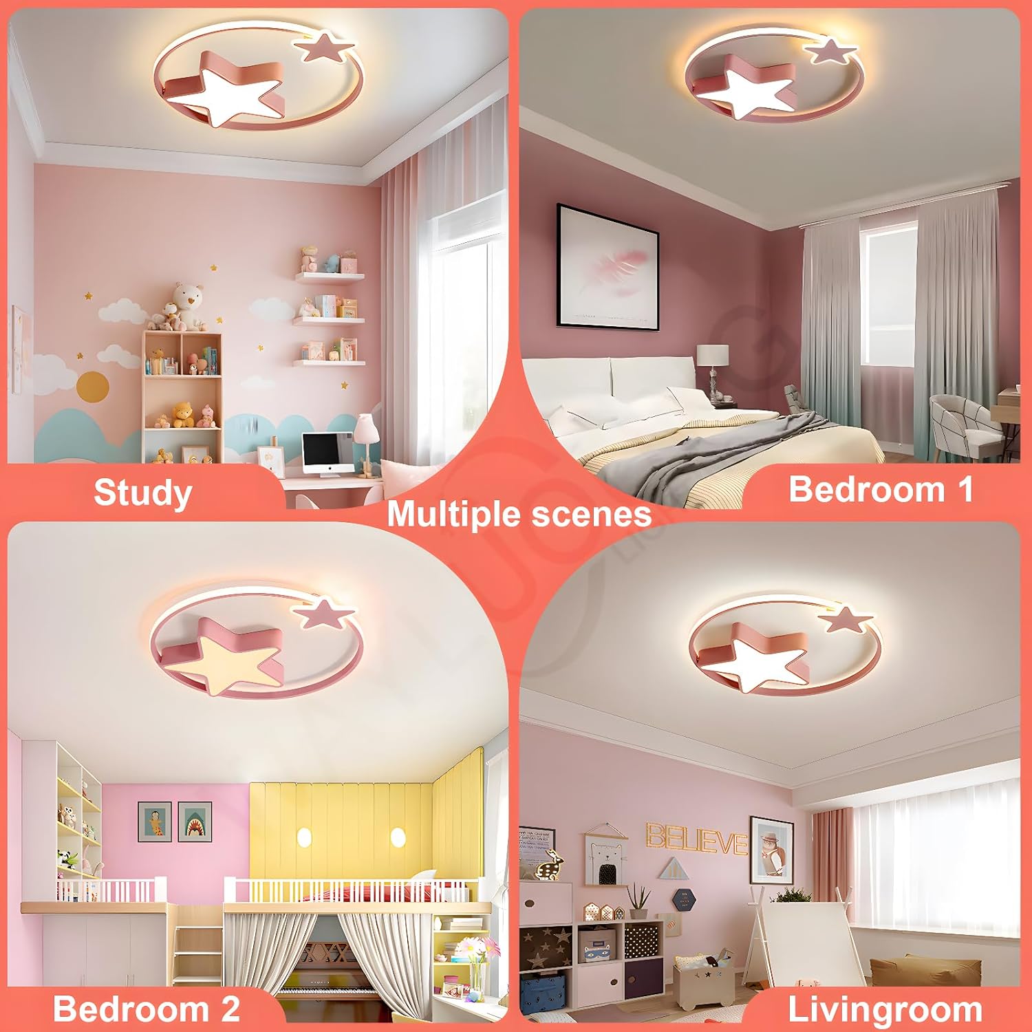 Rosa LED Deckenleuchte | Moderne Runde Kinderlampe | Sterne Sternenhimmel Kinderlicht | Ø55cm 48W | Dimmbar Mit Fernbedienung 2700K-6500K | Kinderzimmer Jungen Mädchen Deckenleuchte Schlafzimmer