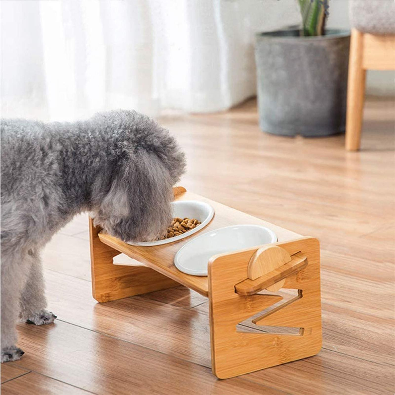 Bambus Haustier Futterstation Höhenverstellbarer Katzen Fress Napf Hunde Schale - Braun / Weiss
