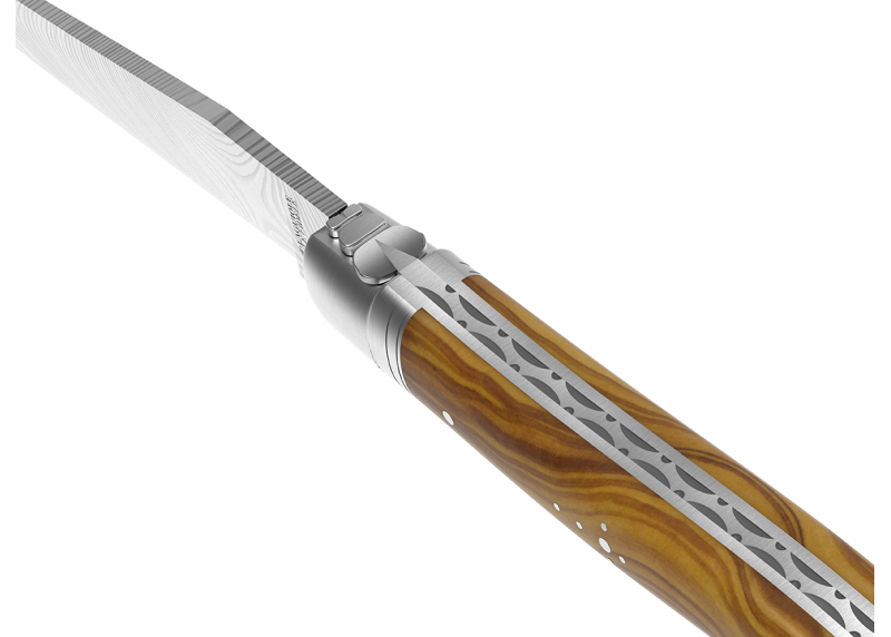 Couteau Laguiole collection damas avec un manche en bois d'olivier et 2 mitres en acier inoxydable