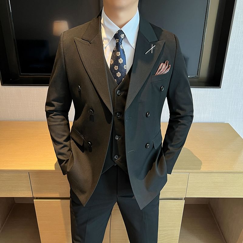 Blueforce - Set: effen dubbelrijs blazer met piekrevers + V-hals enkelrijs vest + hoge taille rechte broek