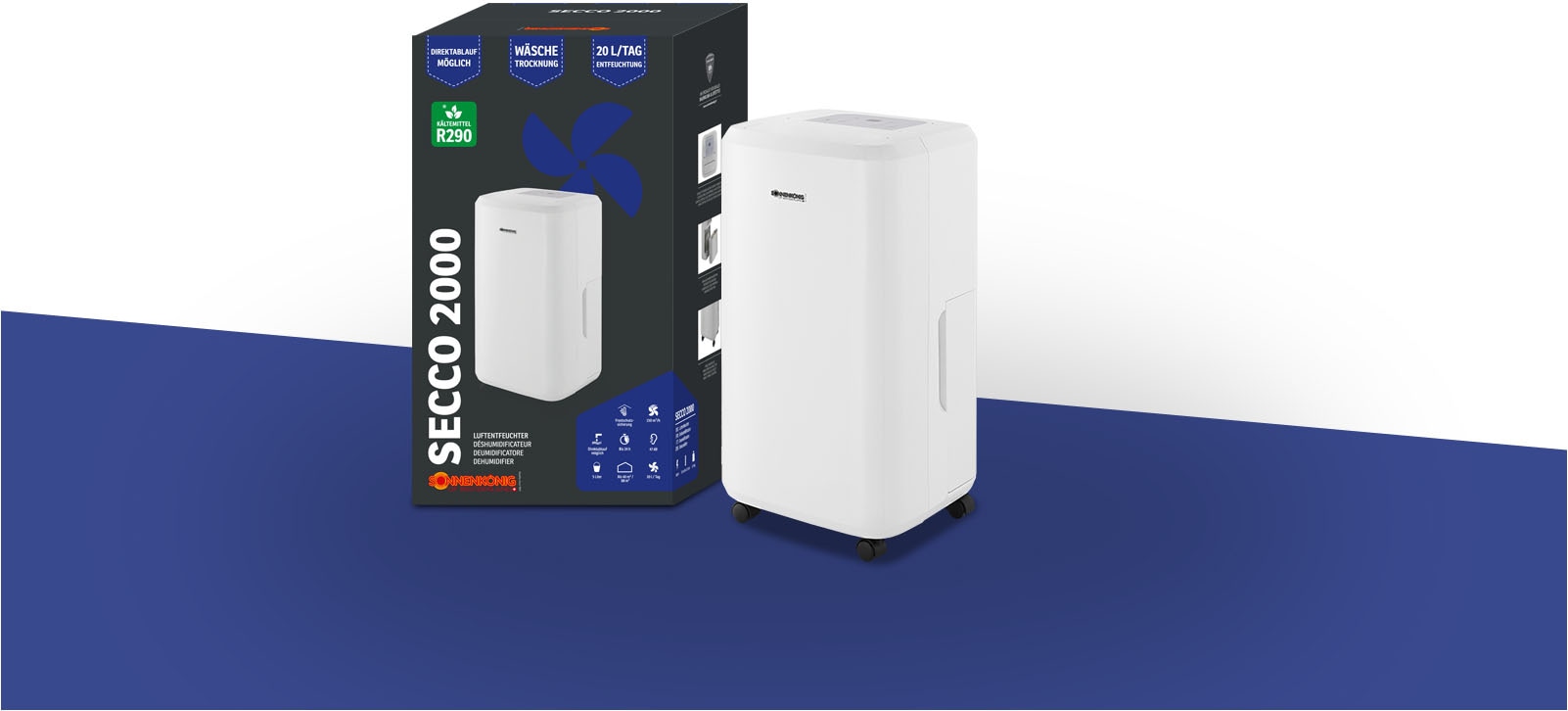 Sonnenkönig Luftentfeuchter »Secco 2000, Leistung 380W, 24h Timer, sehr leise, Feuchtigkeitssensor,« 5L Wassertank, Wasserstand Indikator, 20L/24h